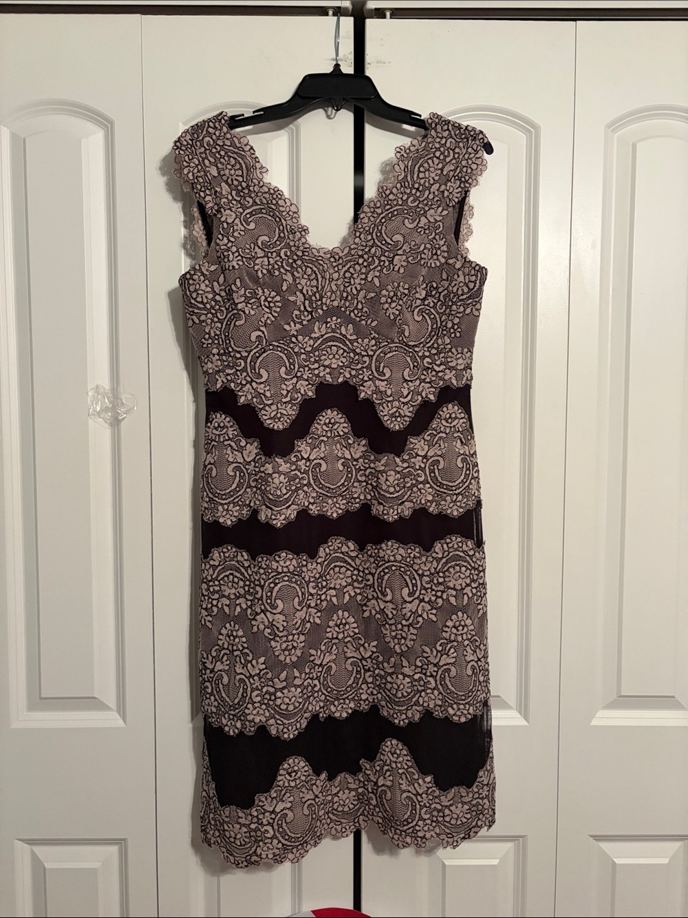 Tahari Two-Tone Lace Midi Dress in Taupe and Black